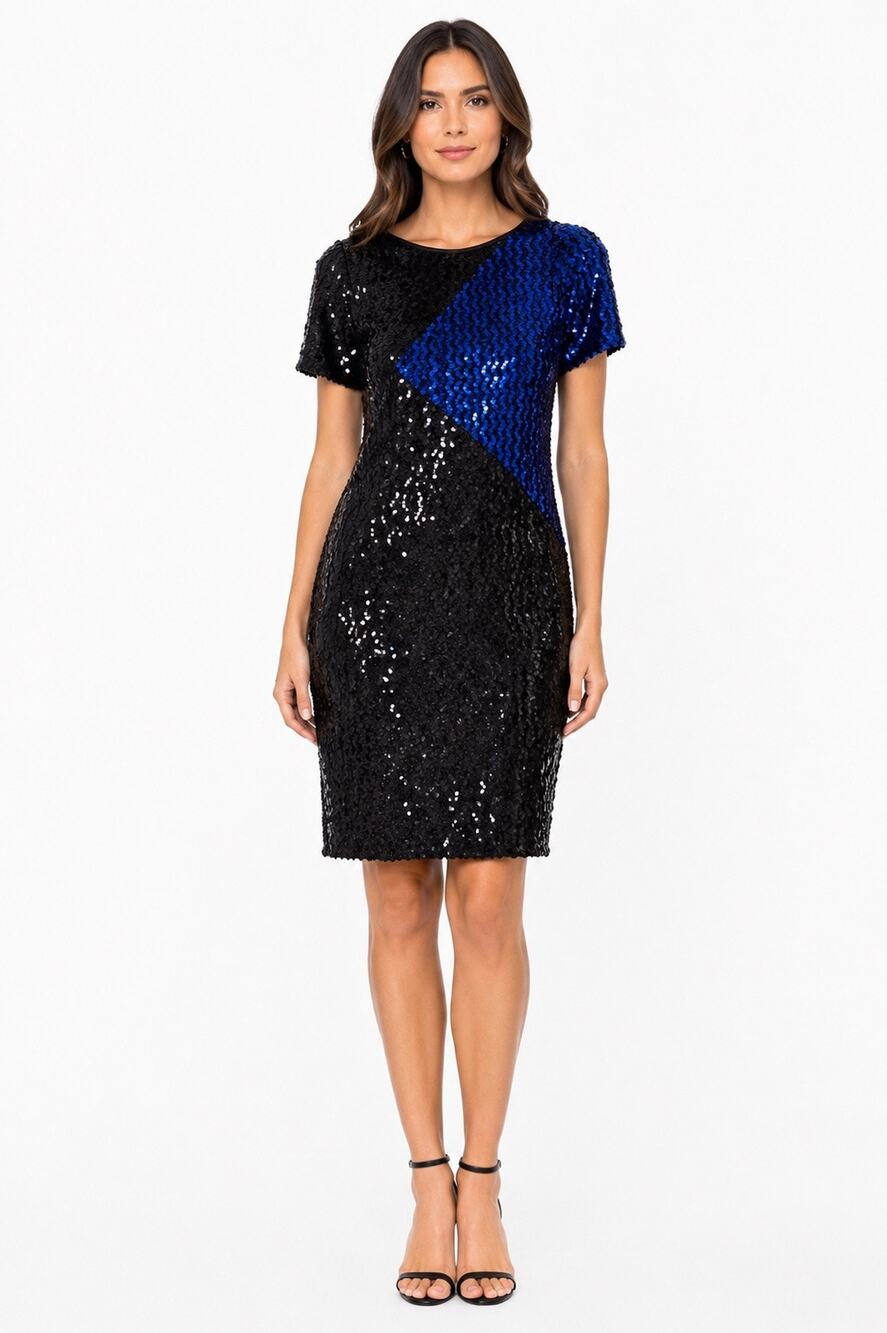 1980s Norman Berg Denise Fashions Sequin Colorblock Dress Modern XS/S
